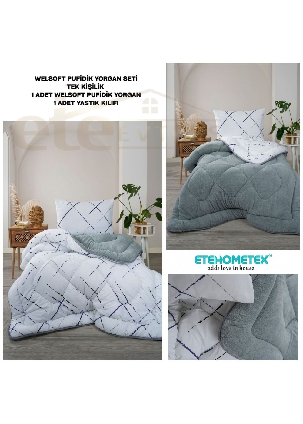 ETE HOMETEX TEK KİŞİLİK LÜX WELSOFT YORGAN SETİ YANSIMA GRİ155X215CM 8696474232010